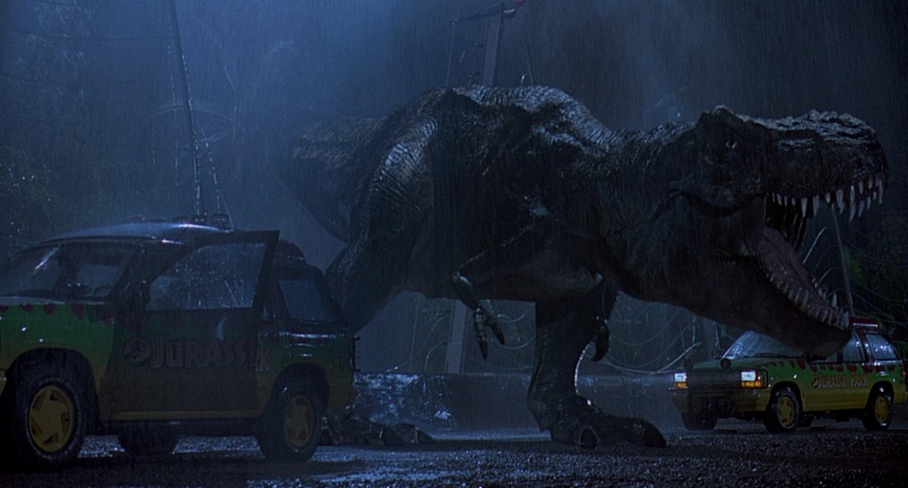 The T-Rex looks angry, maybe she is against the size of the carbon footprint those 4x4s are leaving...